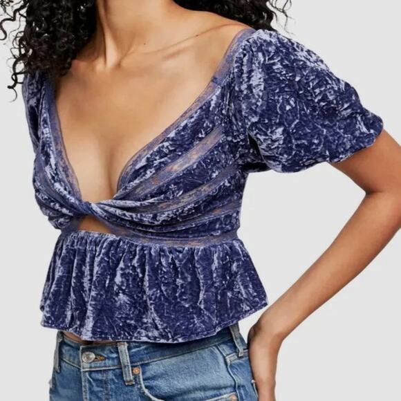 Free People Tops - Free People Yours Truly Crushed Velvet Peplum Puff Sleeve Top Blue Size Medium